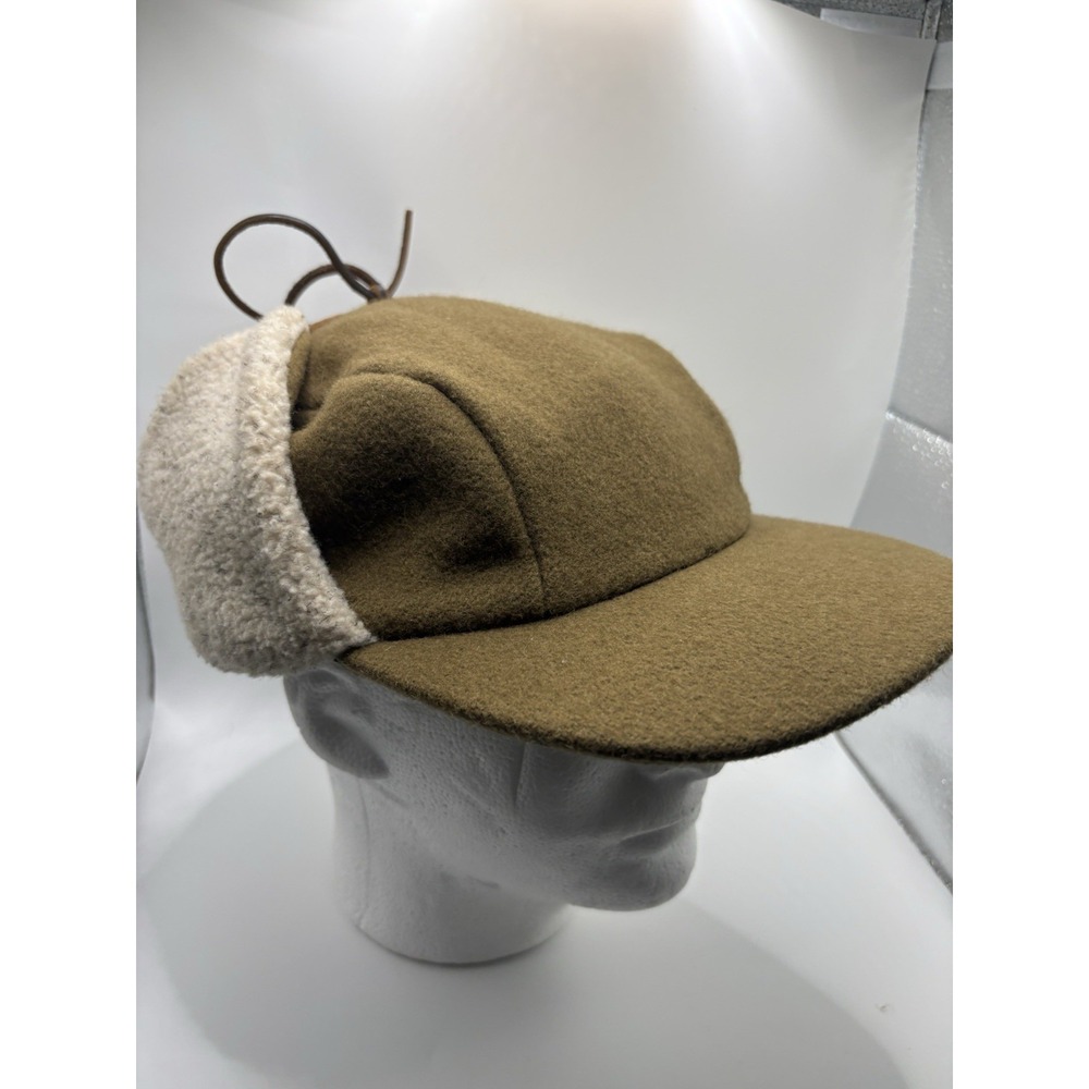 Vintage USA Made Winter Hunting Hat Large Olive Wool Blend Sherpa Ear Flap Cap